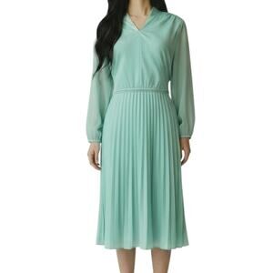 Vintage Mint Green Pleated Midi Dress Womens Sz Medium V Neck Sheer Sleeve Chic